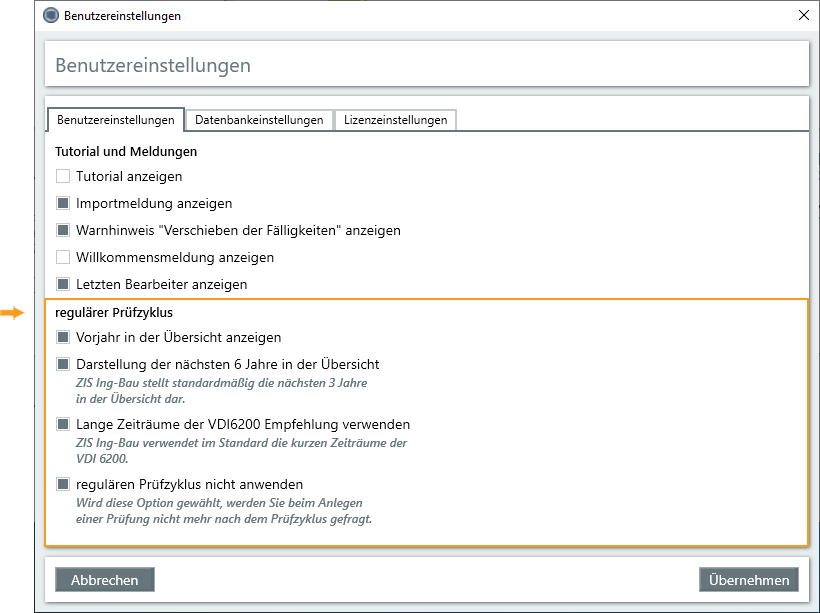 Fenster Benutzereinstellungen - regulärer Prüfzyklus