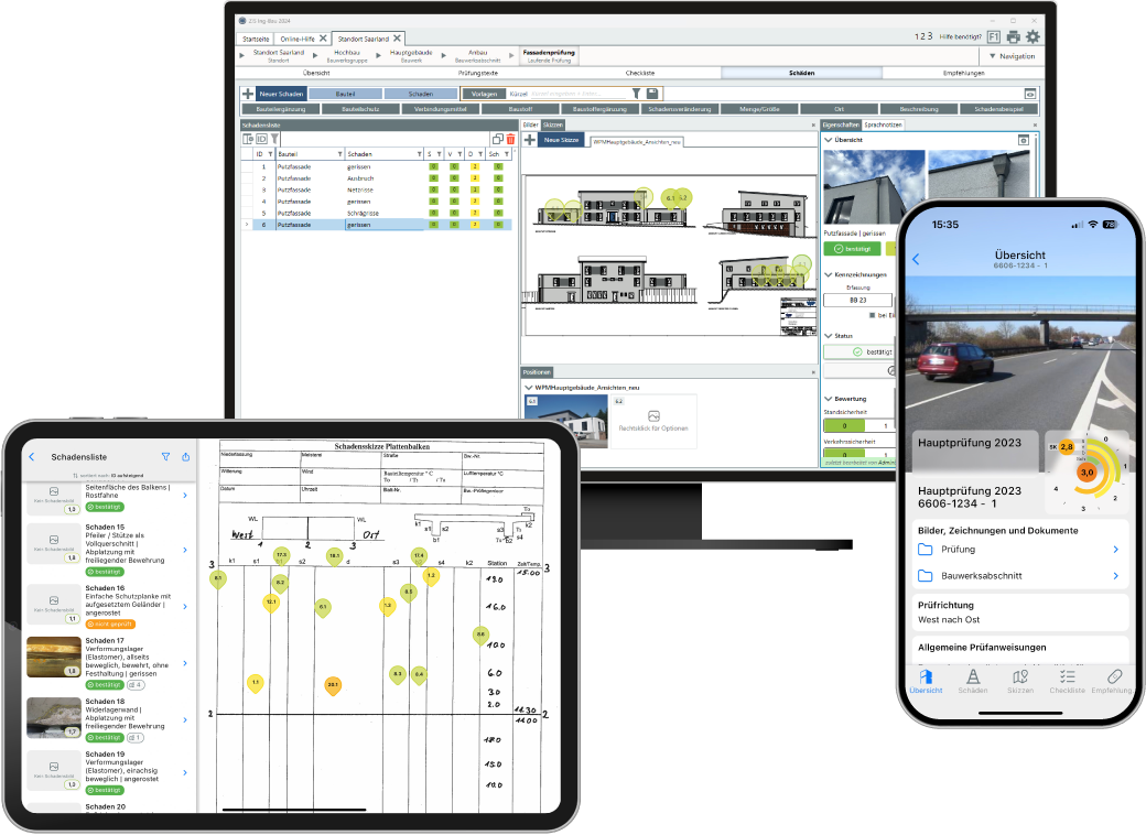 Ein Bilder der Software ZIS Ing-Bau auf drei Geräten. Einem Mobiltelefon, Tablet und Desktop.