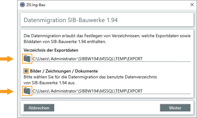 Datenmigration SIB-Bauwerke - Fenster Verzeichnis wählen