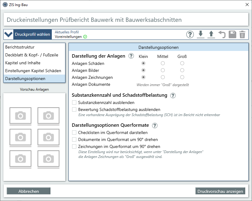 Prüfbericht Bauwerk mit Bauwerksabschnitten - Darstellungsoptionen