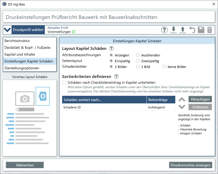 Prüfbericht Bauwerk mit Bauwerksabschnitten - Einstellungen Kapitel Schäden