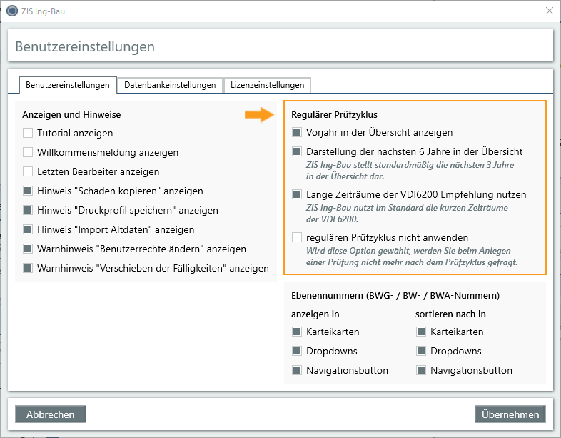 Einstellungen des regulären Prüfzyklus