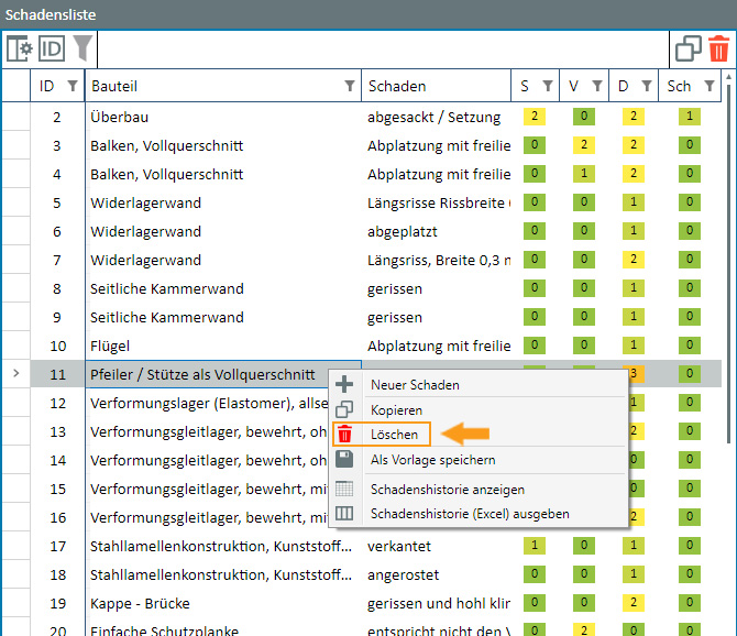 Schaden erfassen - Löschen Kontextmenü