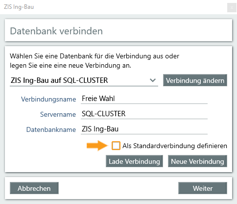 Datenbank verbinden Standardverbindung - Fenster