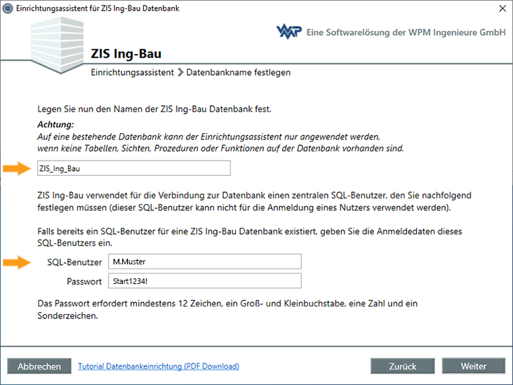 Datenbankname und Zentralbenutzer festlegen - Fenster