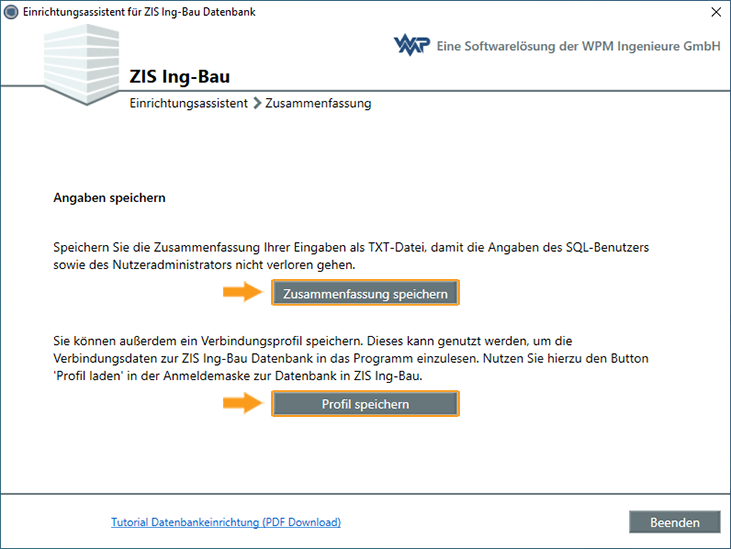 Einrichtungsassisten Zusammenfassung und Profil speichern - Fenster