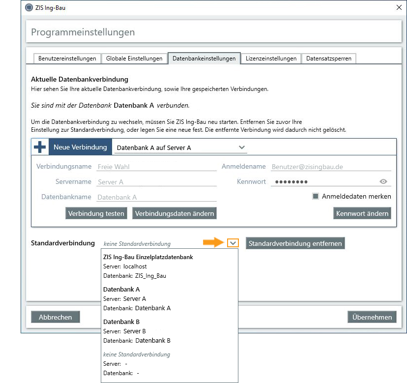 Datenbankeinstellungen - Standardverbindung auswählen