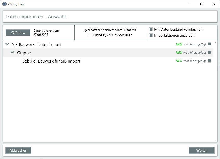 Datenmigration SIB-Bauwerke - Fenster Auswahl