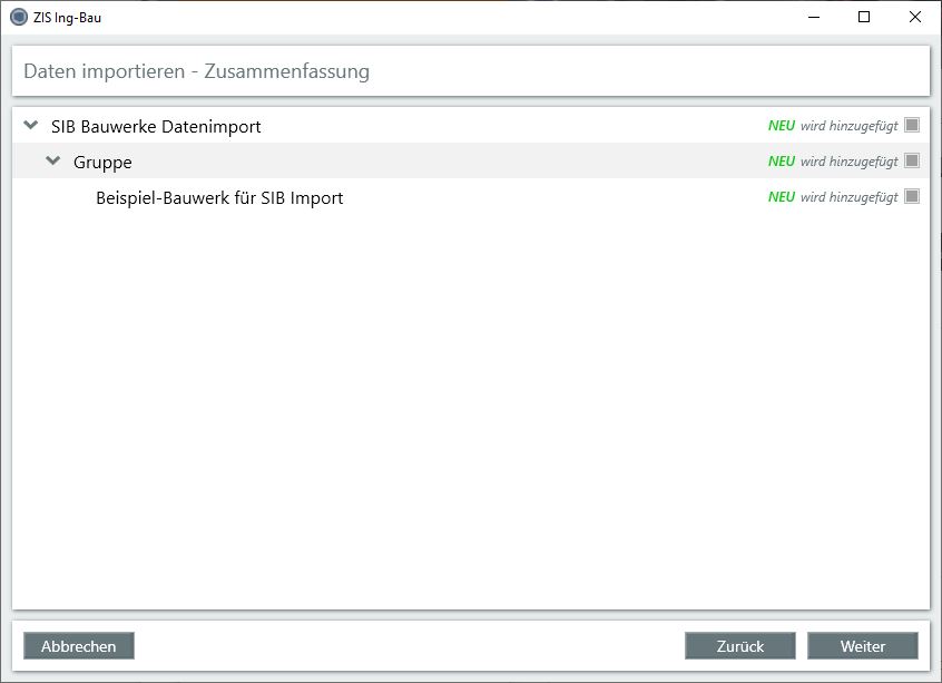 Datenmigration SIB-Bauwerke - Fenster Zusammenfassung