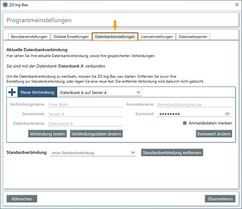 Reiter Datenbankeinstellungen