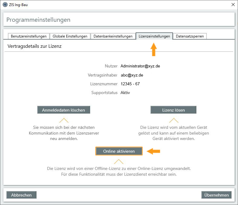 Lizenzeinstellungen - Online aktivieren