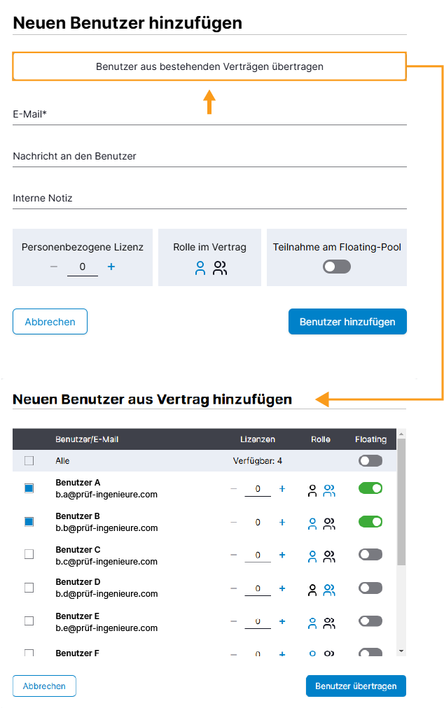 Benutzer aus bestehenden Verträgen hinzufügen