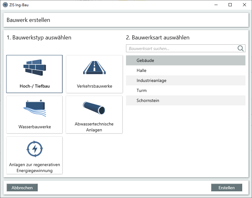 Bauwerk erstellen - Bauwerksart/typ wählen