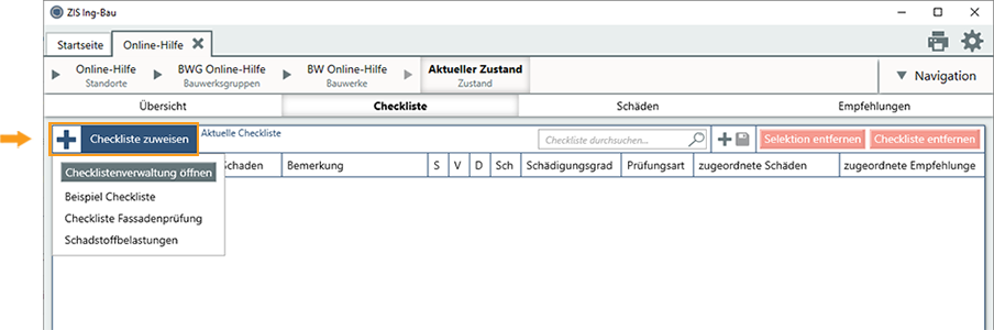 Checkliste zuweisen im aktuellen Zustand