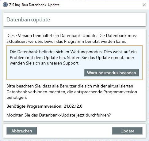 Datenbankupdate Wartungsmodus aktiv - Fenster