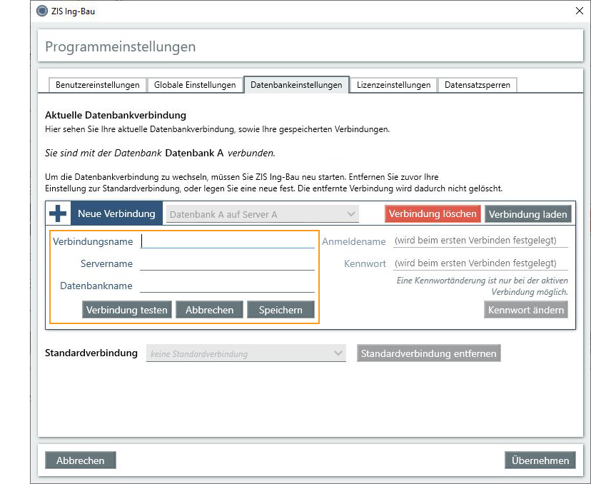 Datenbankeinstellungen - Bearbeitungsmodus