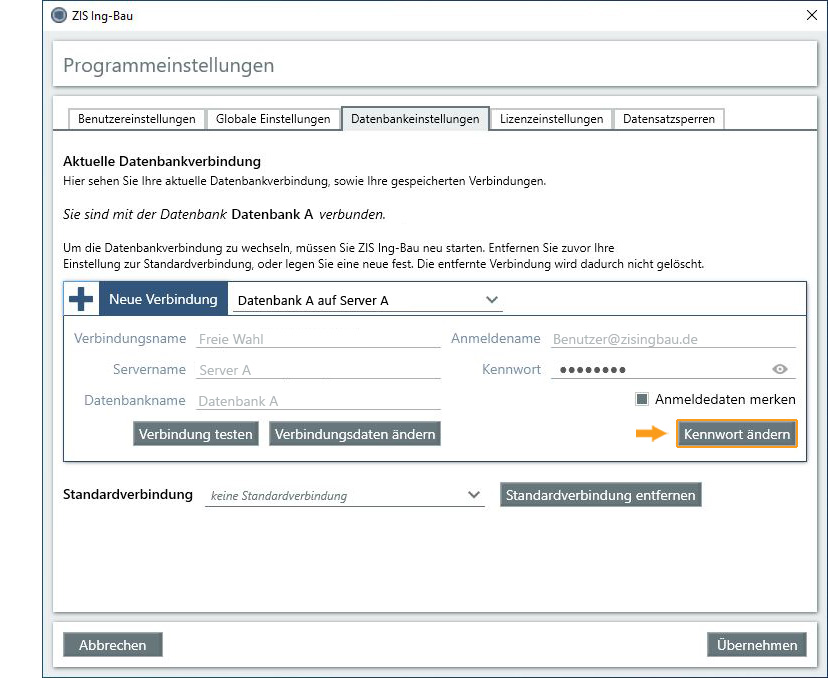 Datenbankeinstellungen - Kennwort ändern