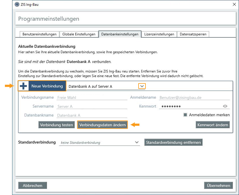 Datenbankeinstellungen - Neue Verbindung eintragen/ändern