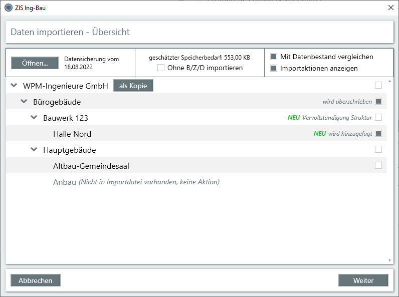 Fenster Import - Auswahl