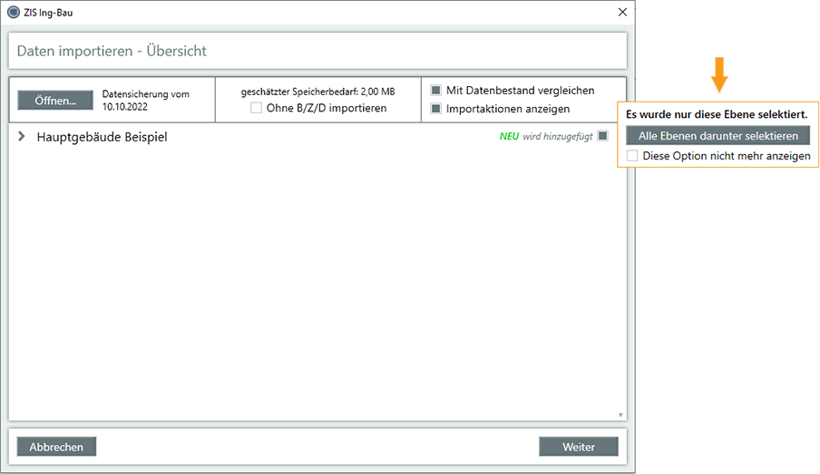 Fenster Import - Alle Unterebenen selektieren