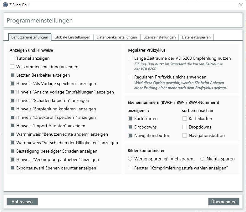 Fenster Programmeinstellungen - Benutzereinstellungen