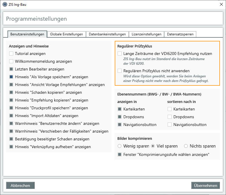 Einstellungen - Regulärer Prüfzyklus