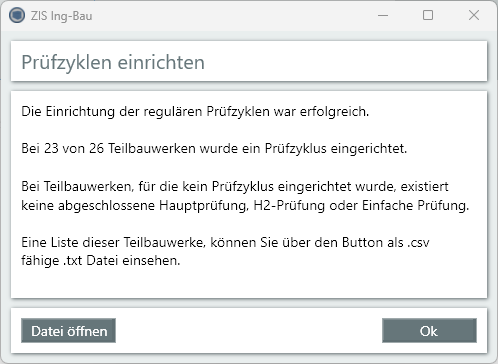 Prüfzyklen einrichten erfolgreich - Fenster