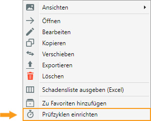 Prüfzyklen einrichten - Kontextmenü