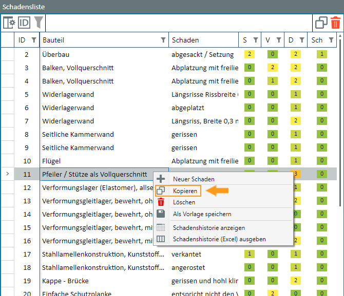 Schaden erfassen - kopieren kontextmenü