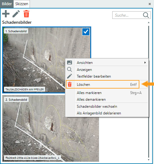 Schadensbilder löschen - Kontextmenü
