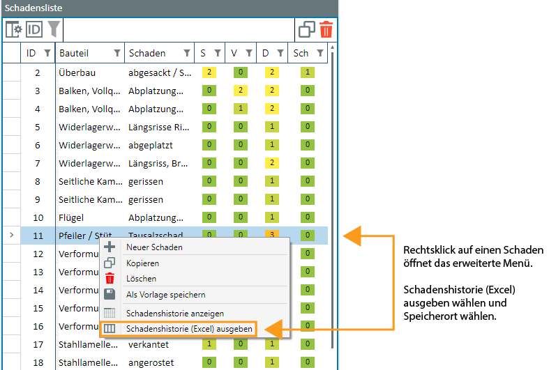 Schadenshistorie (Excel) ausgeben