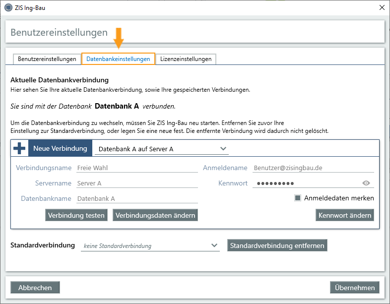 Datenbankeinstellungen - Fenster