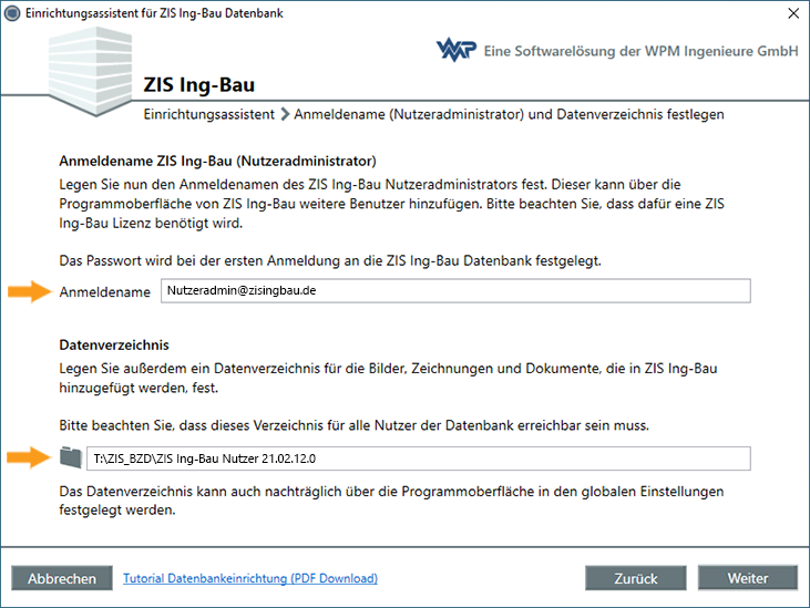 Nutzeradmin und Datenverzeichnis festlegen - Fenster