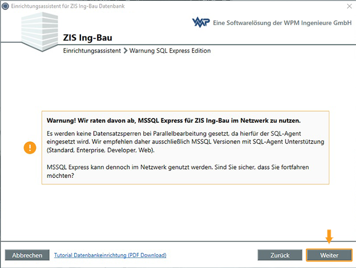 Einrichtungsassistent Warnung SQL Express