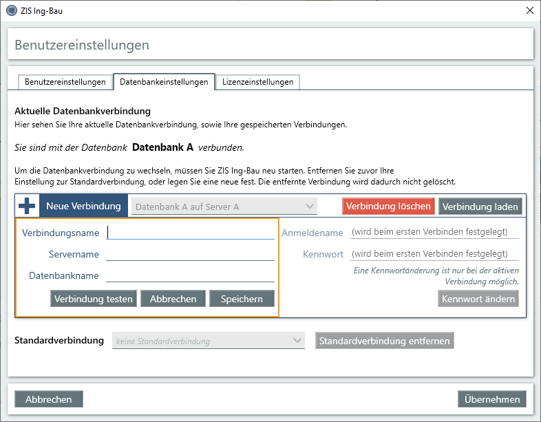 Neue Verbindungsdaten eingeben - Fenster+