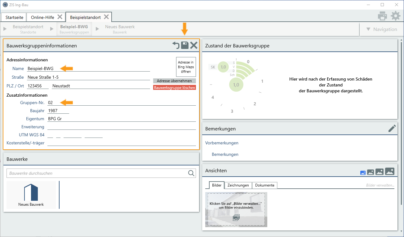 Neue Bauwerksgruppeinformationen eingeben