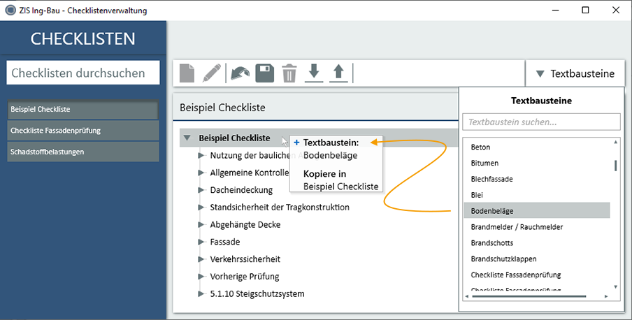 Textbausteine in Checklisten hinzufügen