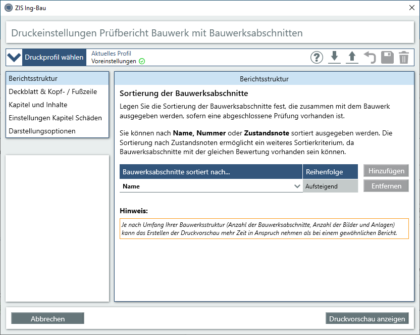 Prüfbericht Bauwerk mit Bauwerksabschnitten - Berichtstruktur