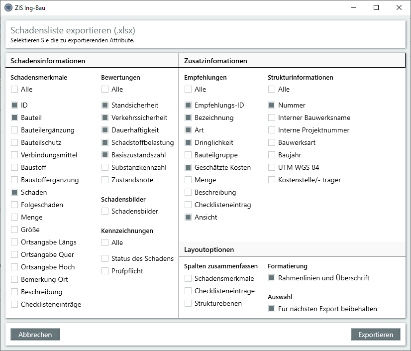 Schadensliste Export Einstellungen