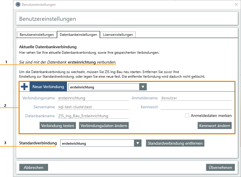 Fenster Benutzereinstellungen - Reiter Datenbank