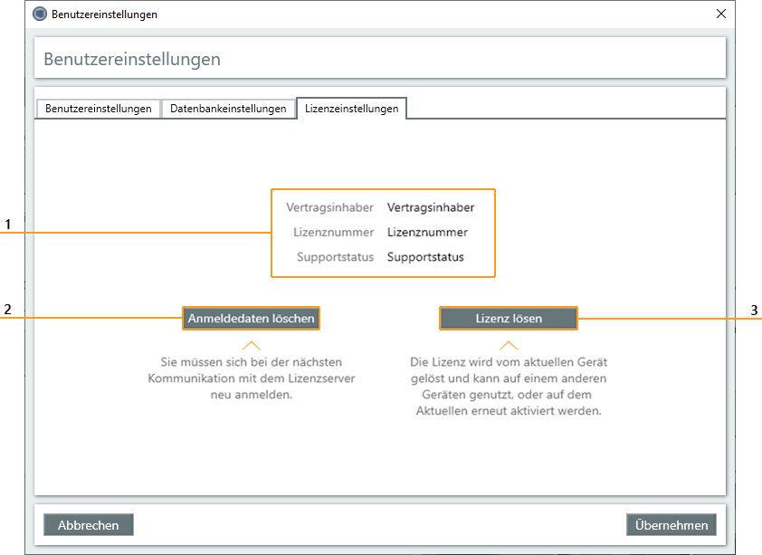 Fenster Benutzereinstellungen-Reiter Lizenzeinstellungen