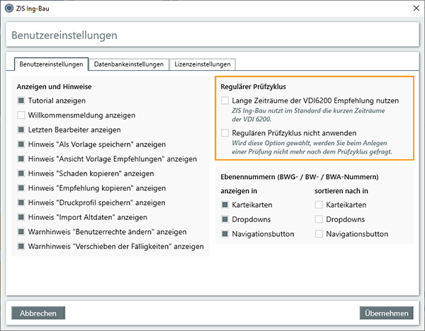 Benutzereinstellungen - Regulärer Prüfzyklus