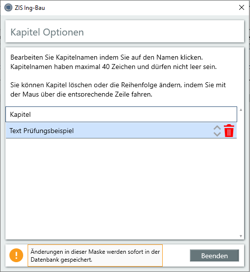 Fenster Kapitel - Optionen