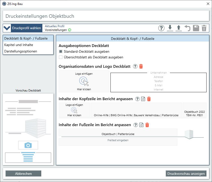 Druckeinstellungen - Deckblatt Kopf und Fußzeile Objektbuch