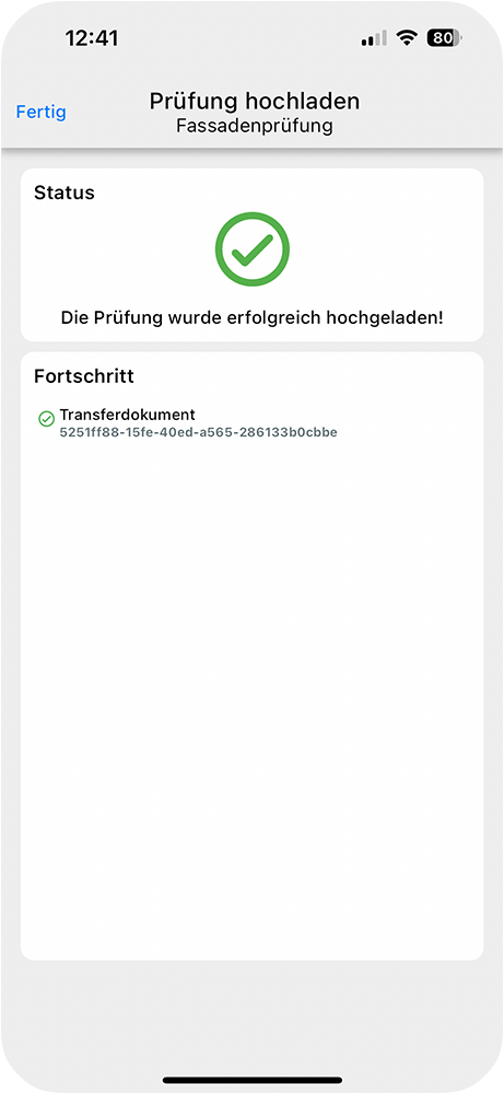 App - Prüfung hochladen erfolgreich