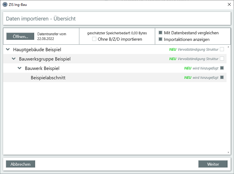 Import Auswahl - Fenster