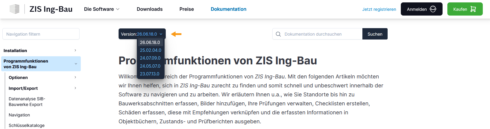 Doku Version wählen