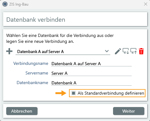 Datenbank verbinden - Verbindung Als Standard