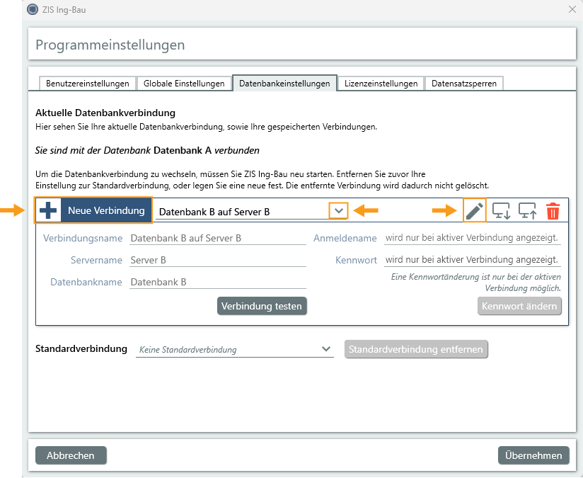 Neue Verbindung erstellen oder bestehende ändern 
