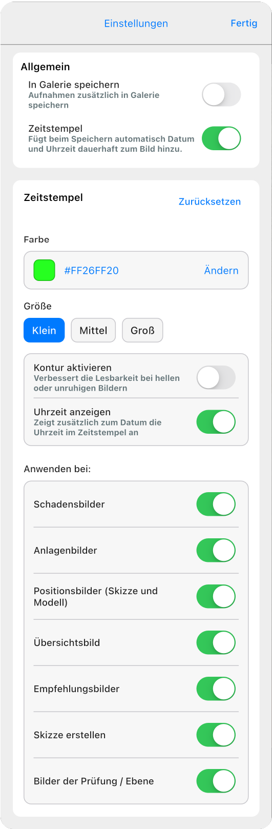 App - Bildeinstellungen Zeitstempel